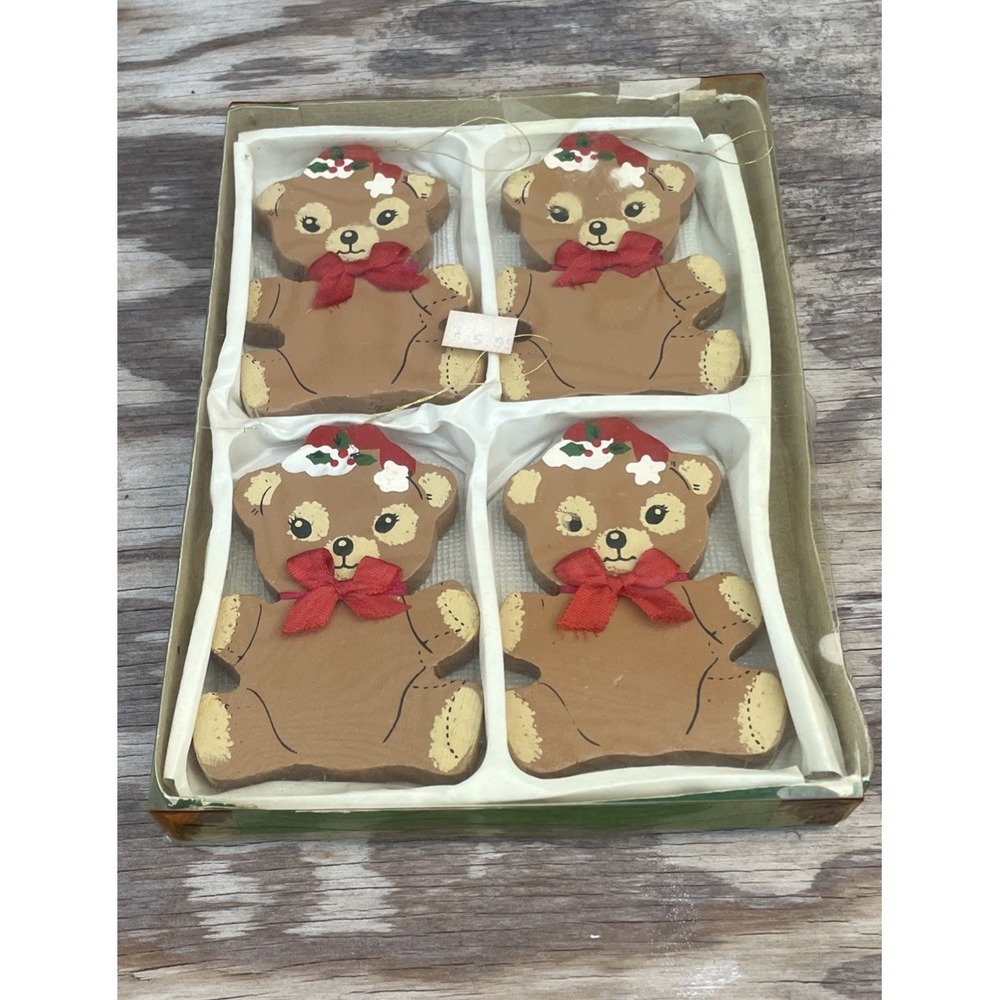 Vintage Wooden Teddy Bear Christmas Ornaments Lot Of 4 3.5" Tall